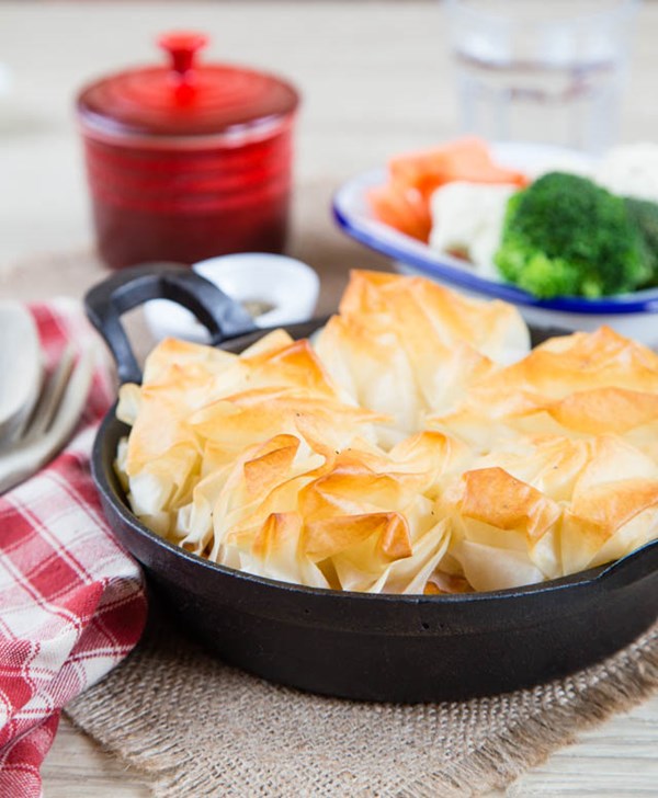 Vegetarian chickpea, feta and butternut squash pie with filo