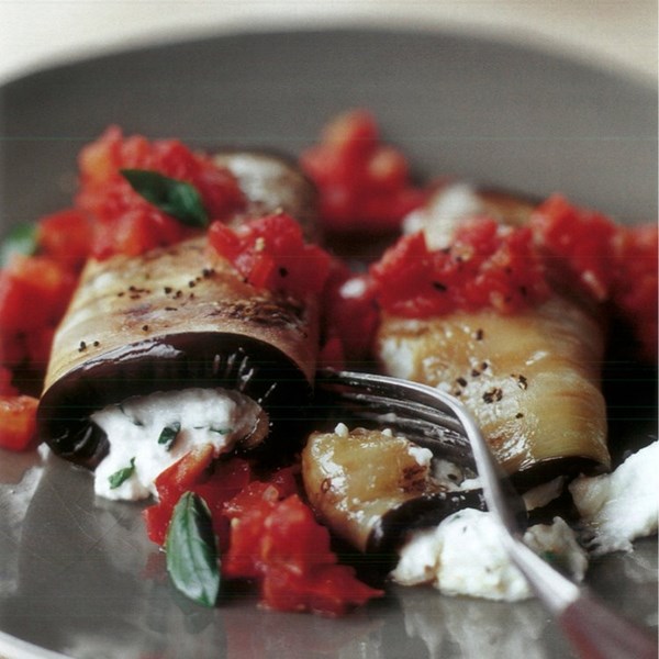 Vegetarian eggplant rolls with savory tomato sauce and fresh ricotta cheese