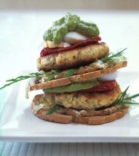 Vegetarian feta club burger with coriander-avocado pesto, slow dried tomatoes, olive mayo