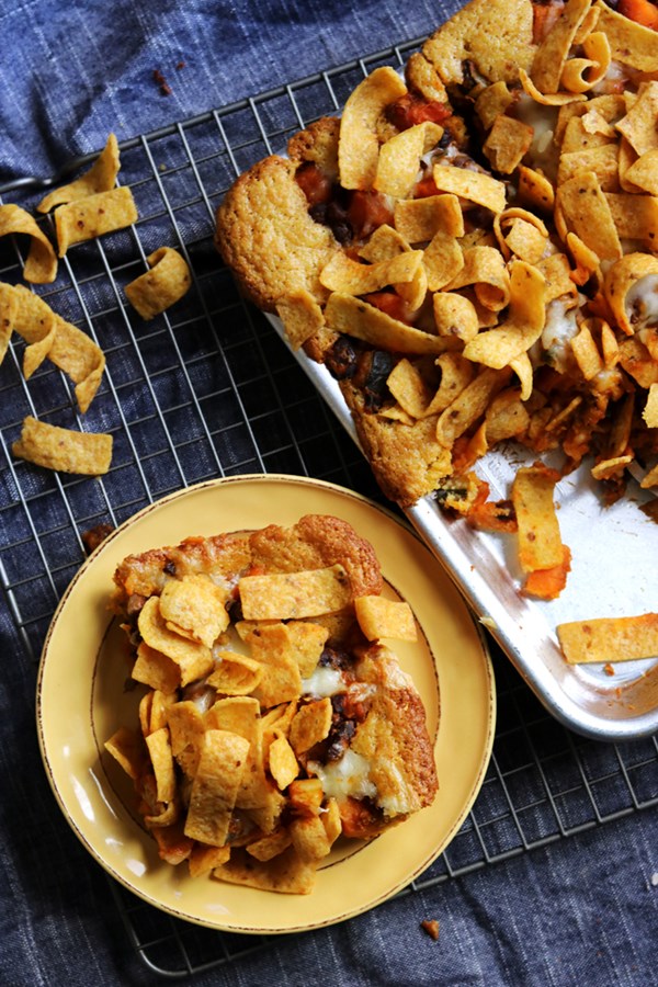 Vegetarian frito chili cornbread slab pie
