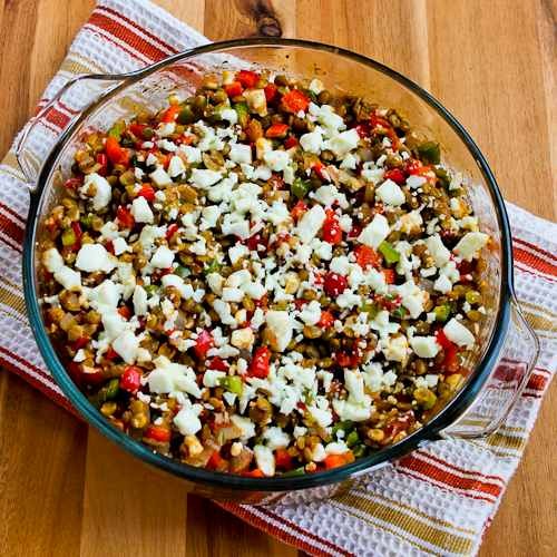 Vegetarian Greek lentil casserole with bell peppers and feta