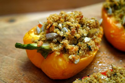 Vegetarian haggis stuffed peppers with couscous and Brie