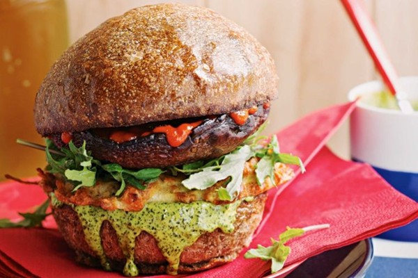 Vegetarian haloumi hash burgers with kale aioli