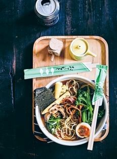 Vegetarian ramen with baby corn and pickled shiitakes