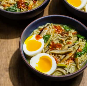 Vegetarian ramen with shiitakes and soft eggs