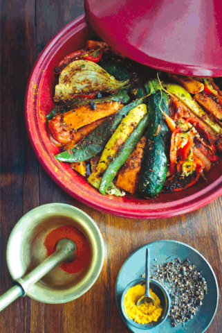Vegetarian tagine of peppers, onions, zucchini, eggplant, and more