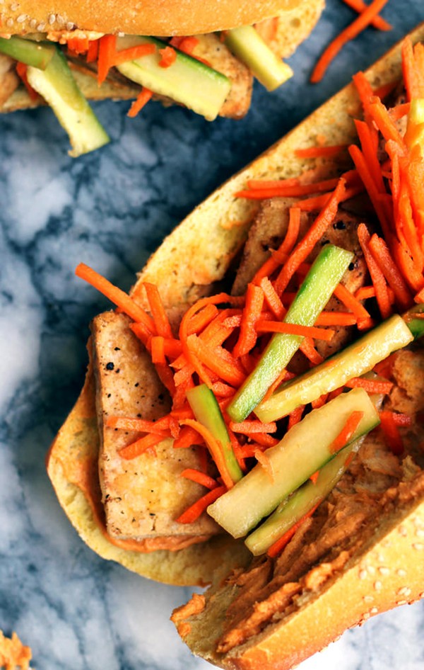 Vegetarian tofu banh mi with spicy peanut sauce