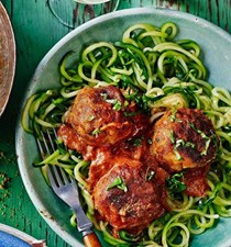 Veggie balls with 'courgetti' and tomato and basil sauce