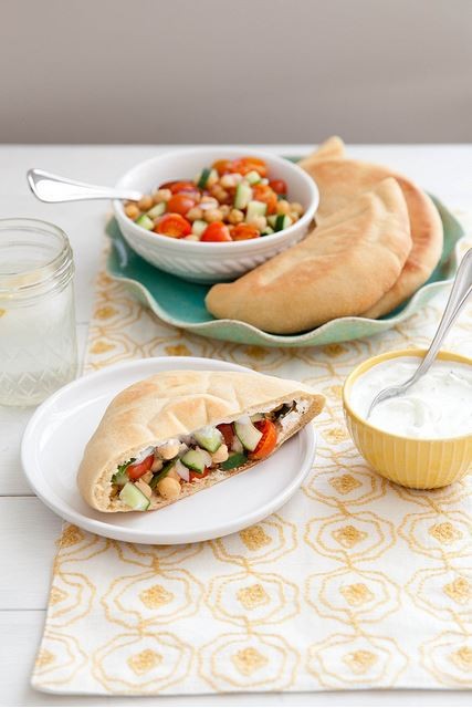 Veggie chickpea pitas with yogurt dill sauce
