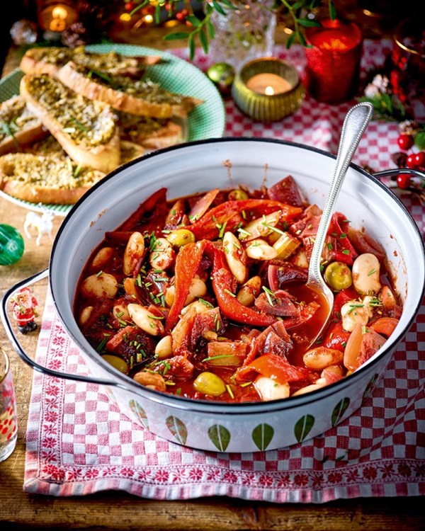 Veggie fennel and bean casserole with pesto and garlic croûtes