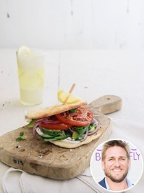 Veggie flatbread sandwich with feta-yogurt spread