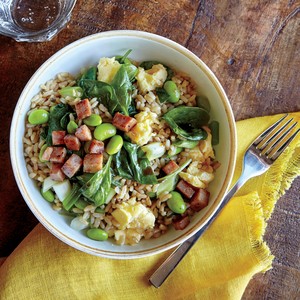 Veggie fried rice with crispy ham