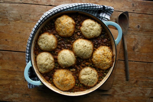 Veggie mince stew with cheesy herb dumplings