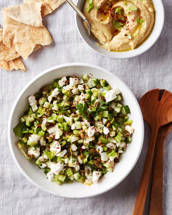 Veggie-packed chopped salad with feta and herbs