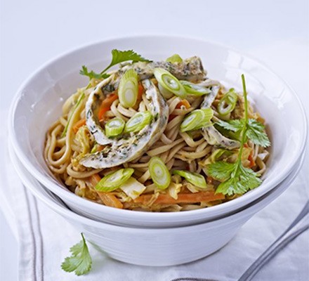 Veggie peanut noodles with coriander omelette ribbons