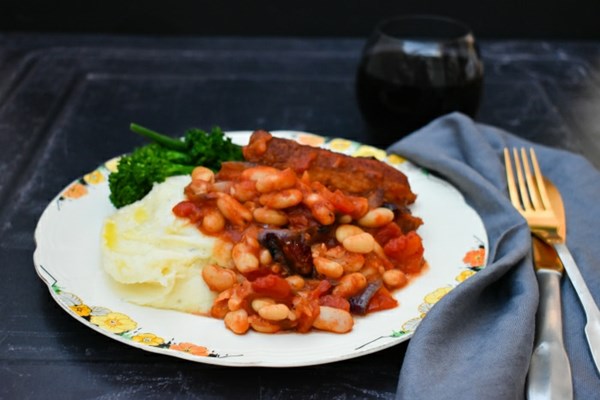 Veggie sausage and white bean casserole