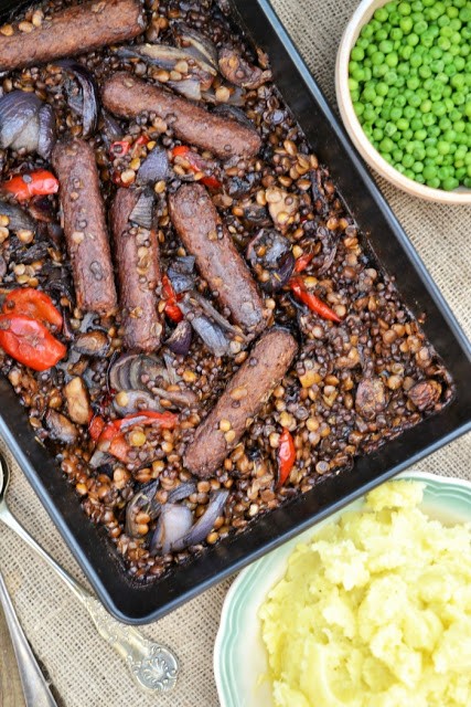 Veggie sausage, lentil and red pepper bake