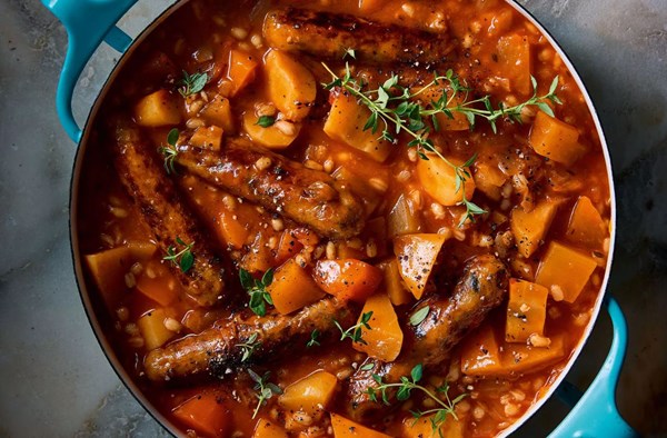 Veggie sausage, root vegetables & ale stew