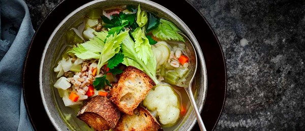 Veggie spelt broth with giant croutons