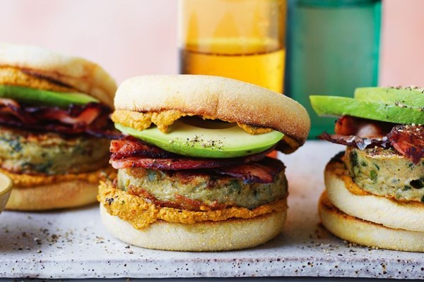 Vegie omelette muffin with romesco and crispy bacon