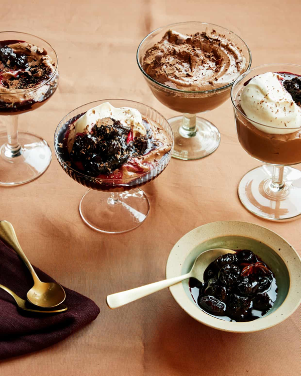 Velvety chocolate mousse with boozy cherries