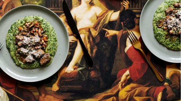Venison and mushroom ragu with spinach polenta
