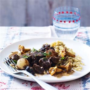 Venison and mushroom stew with pearl barley risotto