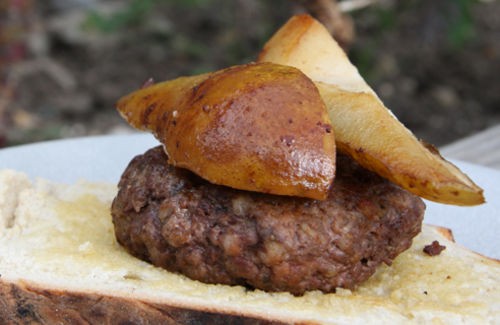 Venison and pork burgers with sautéed pears