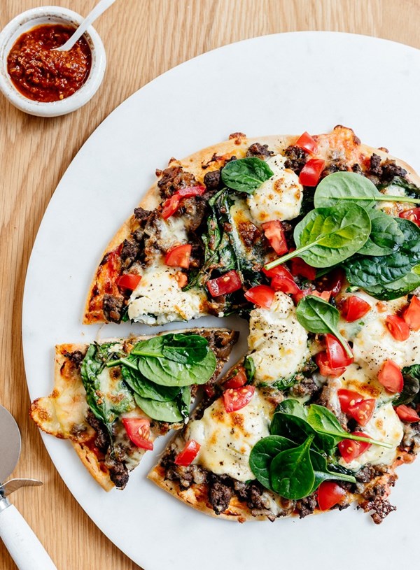 Venison and spinach pizza with harissa