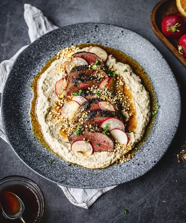 Venison bacon baba ganoush & orange & pistachio crumb