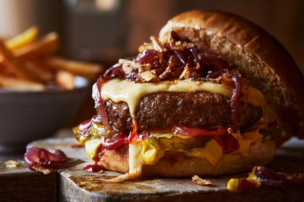 Venison burgers with smoked cheddar & caramelised and crispy onions