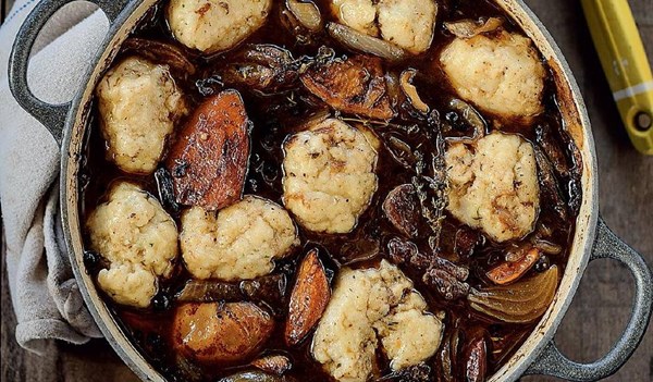 Venison, cider and quince stew with herbed butter dumplings