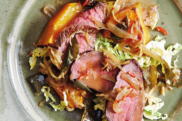 Venison, coconut-curried pumpkin and mustard cabbage