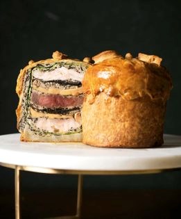Venison loin, pheasant, foie gras, and black truffle pie