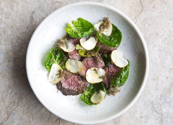 Venison loin with sprout tops, truffled honey and chestnuts