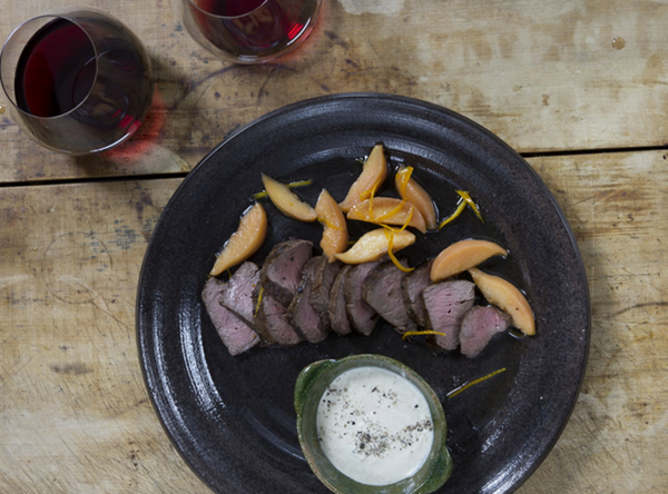 Venison loins with shallot sauce and stewed quince