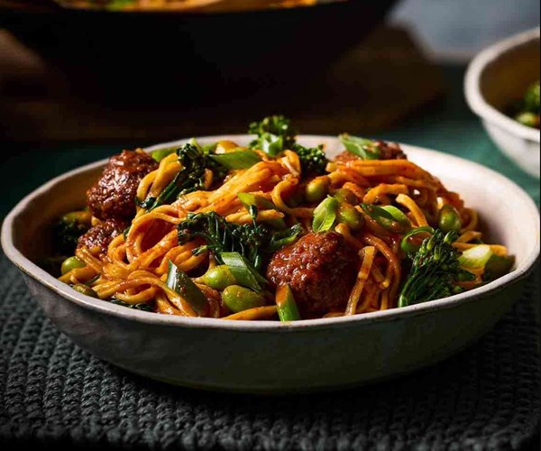 Venison meatball & kimchi noodles