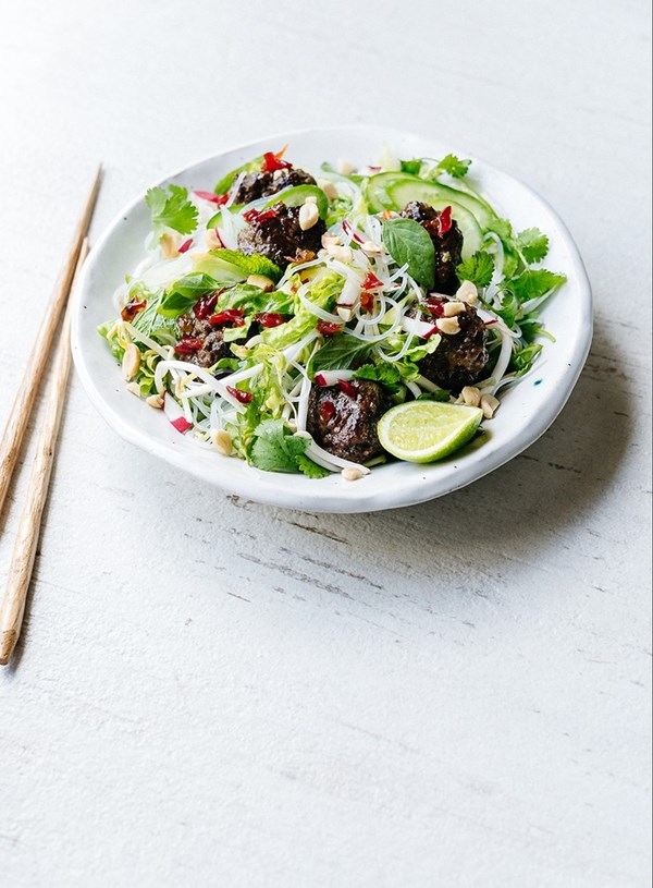 Venison meatballs on vermicelli salad