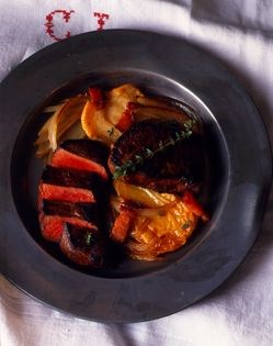 Venison medallions with poires au lard