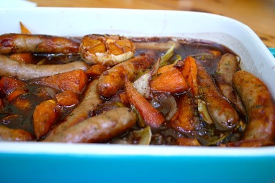 Venison sausage casserole with liquorice and bramble jelly gravy