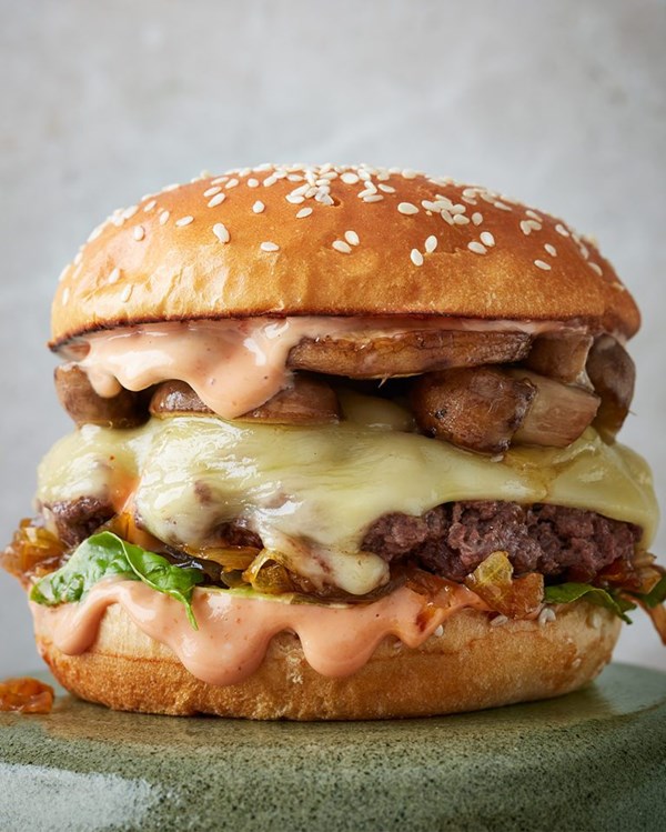 Venison smash burger with smoky onions and mushrooms 