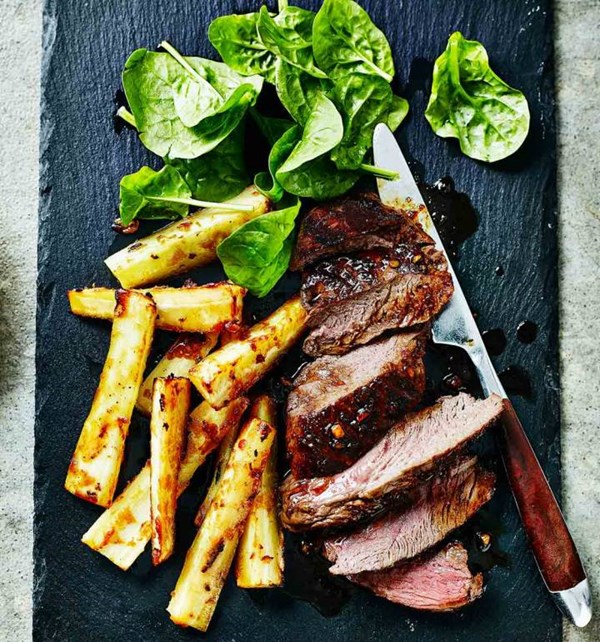 Venison steak with soy, pomegranate and ginger and miso parsnip fries