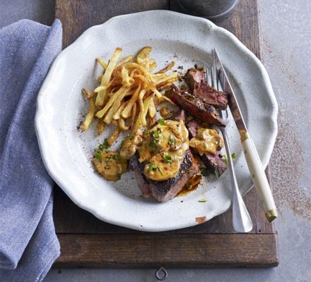Venison steaks with Stroganoff sauce & shoestring fries