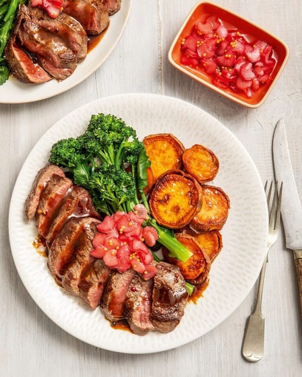 Venison steaks with sweet potato fries and pickled rhubarb