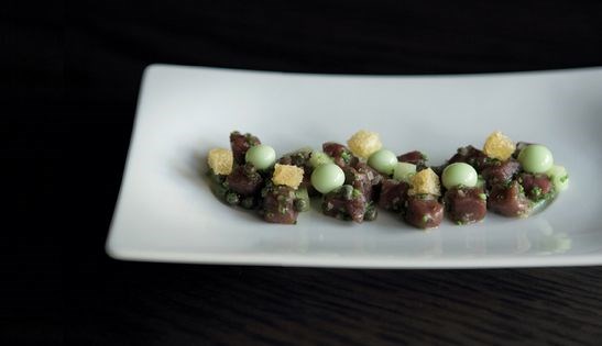 Venison tartare with sweet liquid wasabi