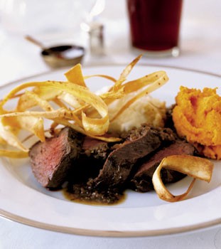 Venison tenderloin with Madeira green peppercorn sauce