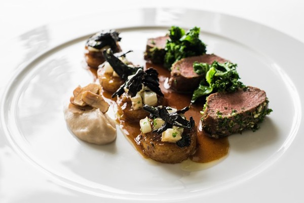 Venison with braised potatoes, celeriac and chestnuts