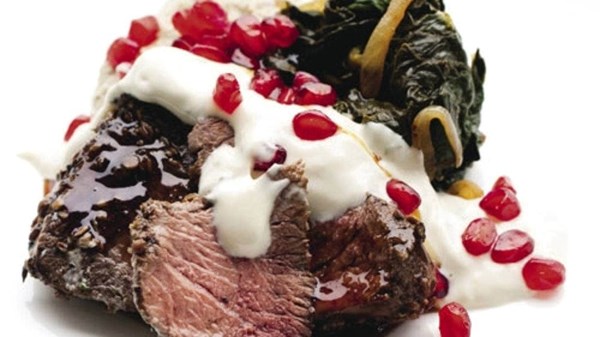 Venison with smoky eggplant purée, tahini dressing and pomegranate