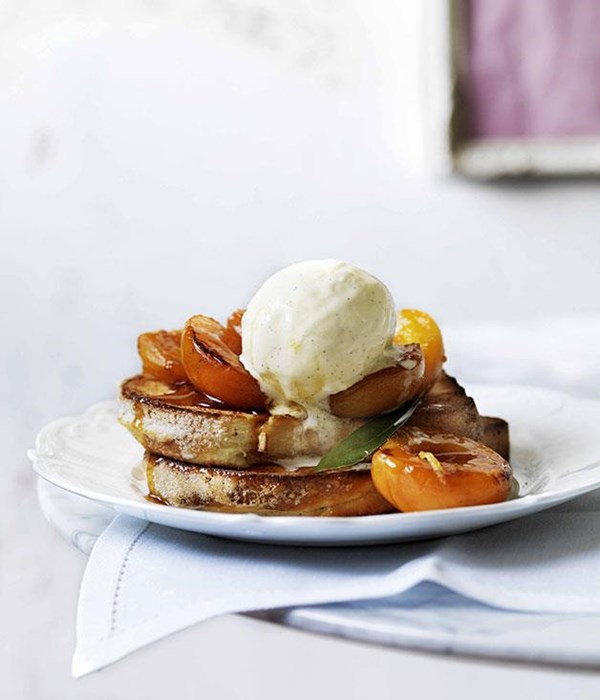 Verjuice apricots with brioche and vanilla ice-cream