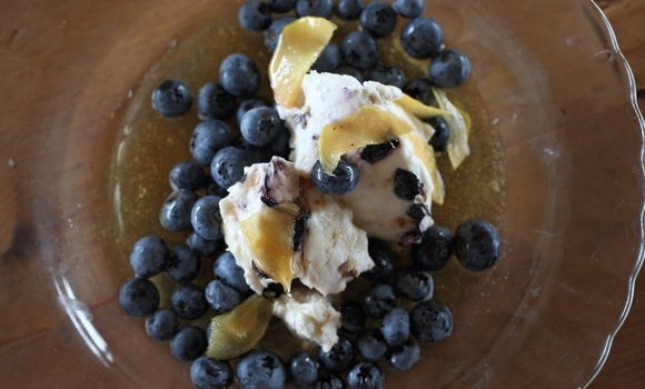 Verjuice, ginger & coconut cream with fresh blueberries